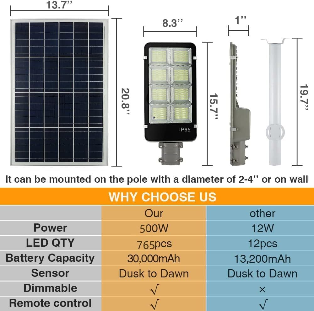 8000W LED Solar Street Lights Outdoor, Dusk to Dawn Security Flood Light with Remote Control & Pole, Wireless, Waterproof, Perfect for Yard, Parking lot, Street, Garden and Garage