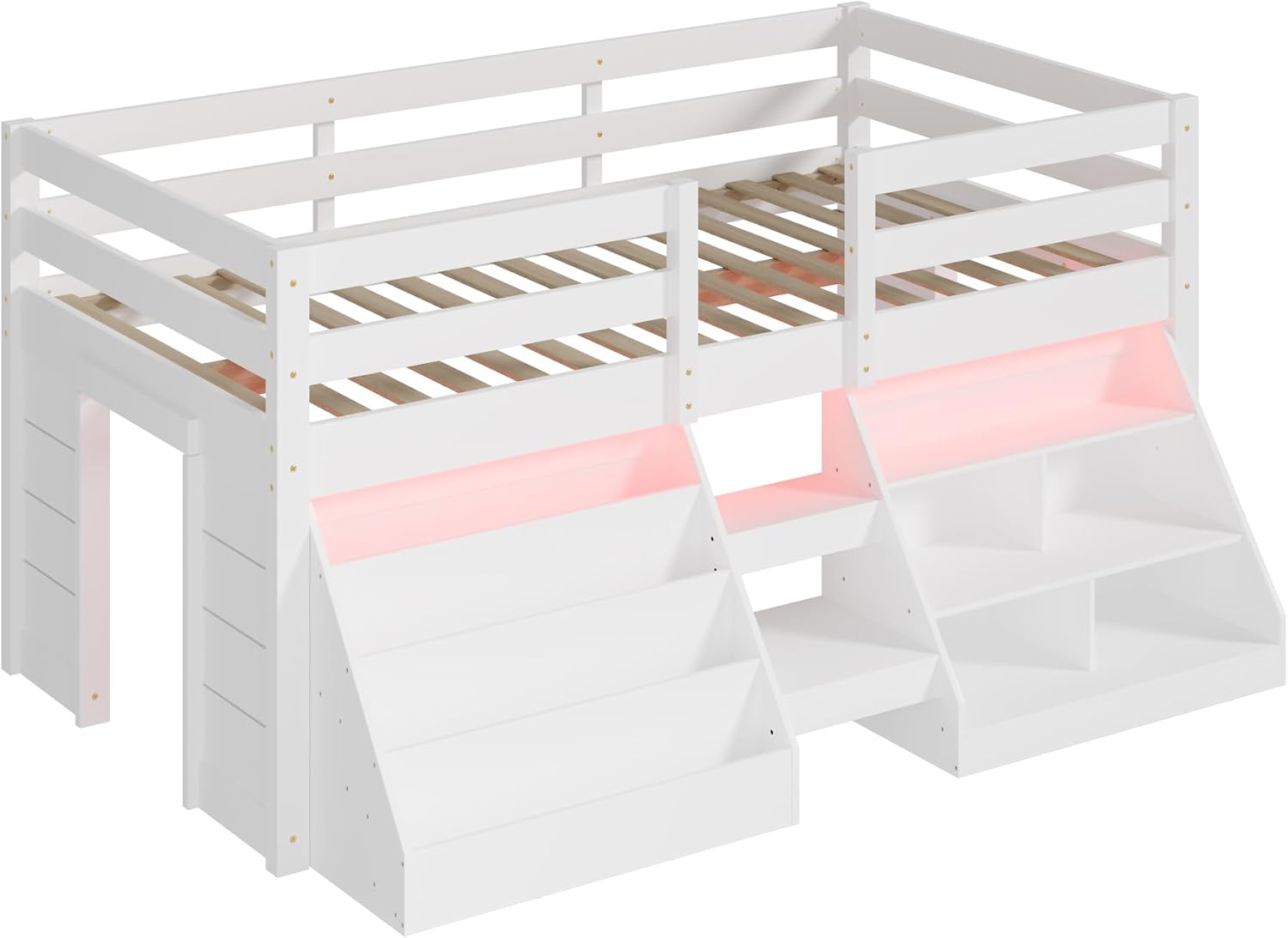 St.Mandyu Twin Size Low Loft Bed with LED Lights, Twin Loft Bed with Stairs, Bookcase, Safety Guardrail and Under-Bed Play Space, White