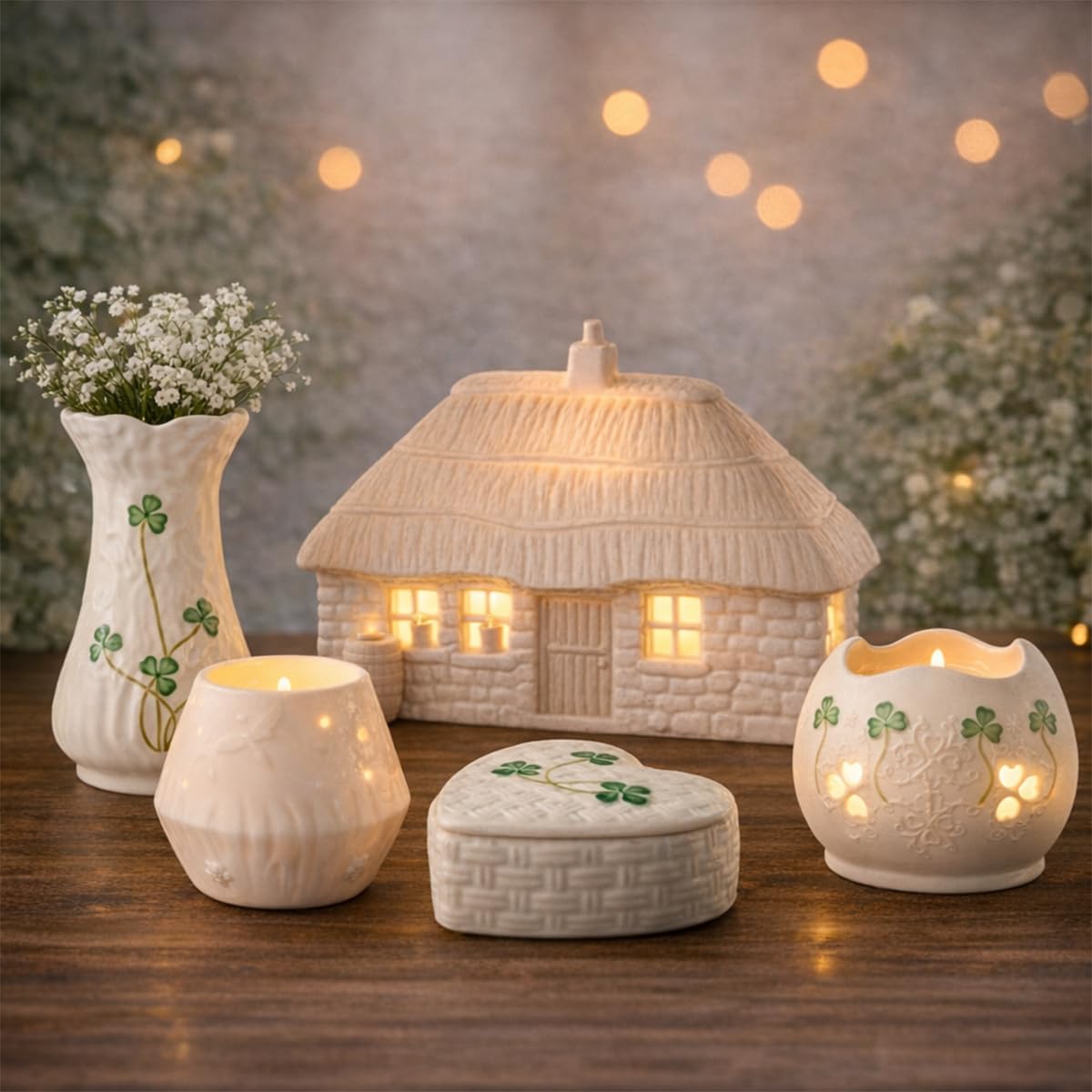 Belleek Classic Thatched Cottage Luminaire, 6.5-Inch H x 10-Inch L x 5.3-Inch W Handcrafted Irish Porcelain Figurine Lamp