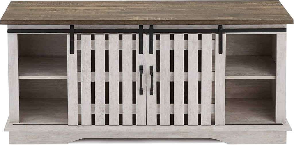 ROCKPOINT Modern Farmhouse Sliding Fence Door Stand for TVs up to 65 Inches, 58inch, White Wash