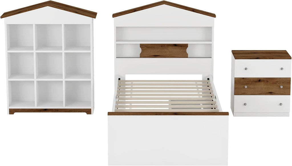 3 Pcs Bedroom Sets, Twin Size House Shaped Wooden Bed with Storage Drawers, Nightstand with Colorblock Design and House Shaped Stroage Rack, Brown+White