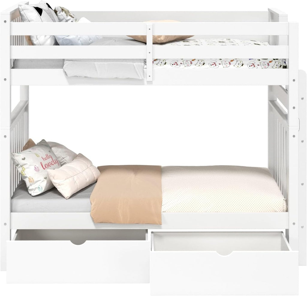 Bedz King Tall Bunk Beds Twin Over Twin Mission Style, End Ladder, 2 Storage Drawers, White