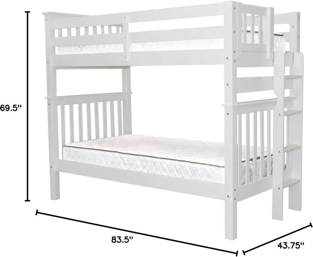 Bedz King Tall Bunk Beds Twin Over Twin Mission Style, End Ladder, White