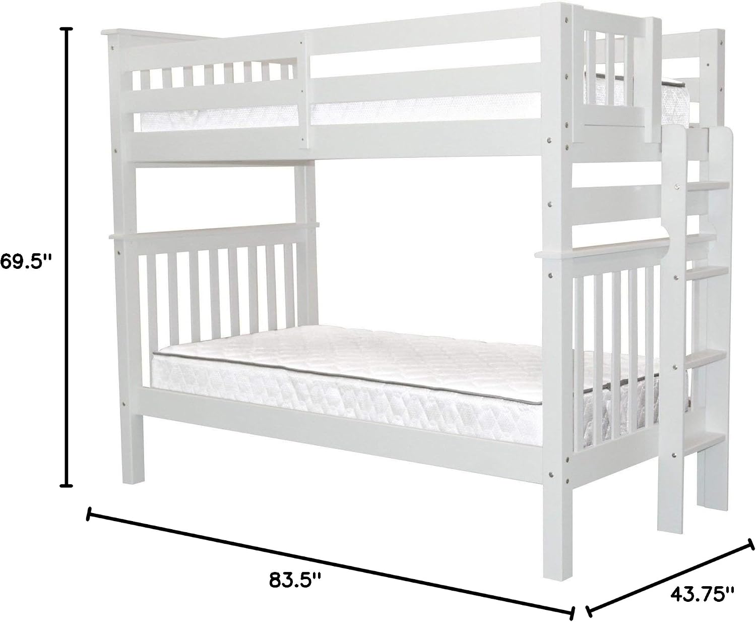 Bedz King Tall Bunk Beds Twin Over Twin Mission Style, End Ladder, White