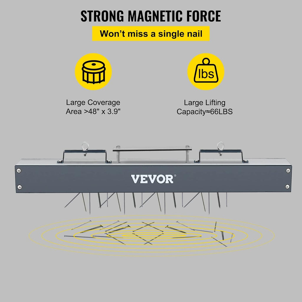 VEVOR 48 inches Hanging Magnet Magnetic Sweeper Pickup Tool 67 Lbs Nail Magnet Hang Type Magnet Sweeper Magnetic Nail Sweeper Magnetic Sweepers fits Forklift