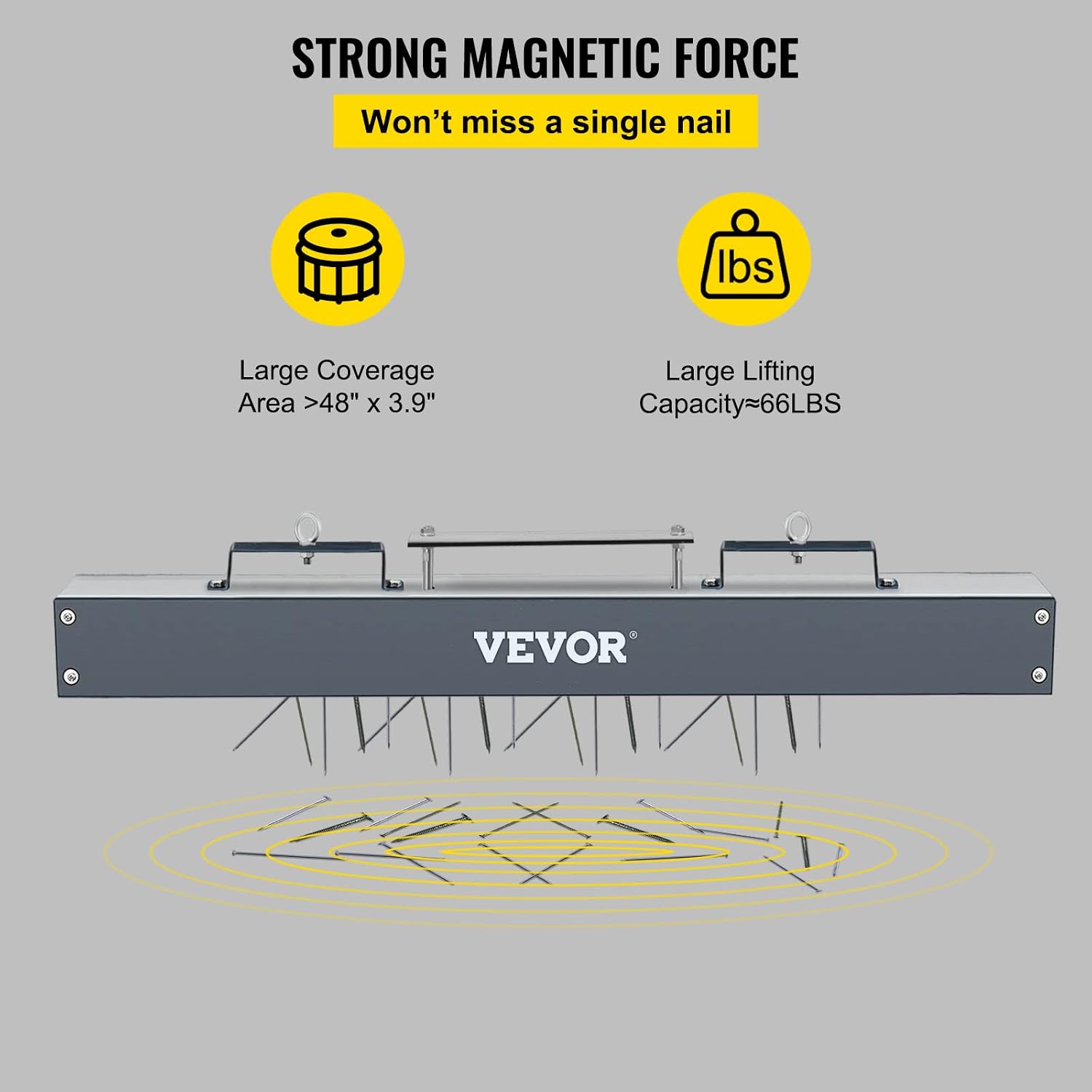 VEVOR 48 inches Hanging Magnet Magnetic Sweeper Pickup Tool 67 Lbs Nail Magnet Hang Type Magnet Sweeper Magnetic Nail Sweeper Magnetic Sweepers fits Forklift
