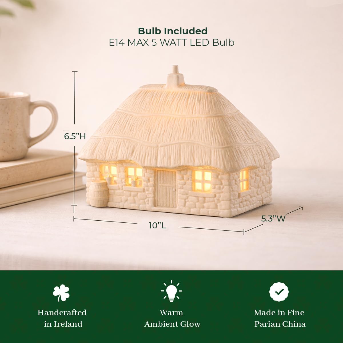 Belleek Classic Thatched Cottage Luminaire, 6.5-Inch H x 10-Inch L x 5.3-Inch W Handcrafted Irish Porcelain Figurine Lamp