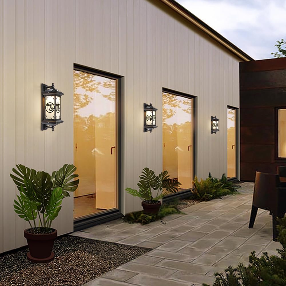 Outdoor Solar Wall Light Vintage Lantern Wall Sconce Cordless Solar Powered Wall Mounted Lamp Exterior Porch Lights Patio Fence Outside Sconces Wall Lighting Fixture