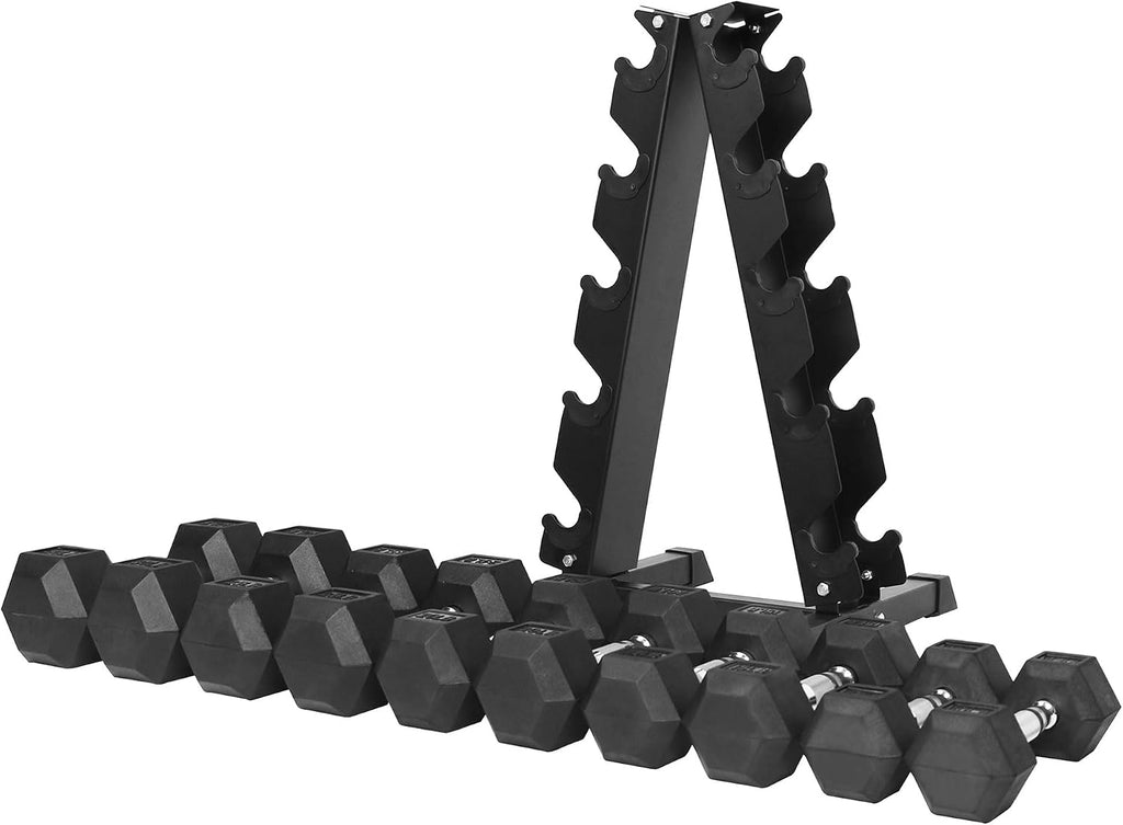 BalanceFrom Rubber Coated Hex Dumbbell Set with A-Frame Rack, Black – Solid Cast Iron Home Gym Weights with Chrome Handles for Full-Body Strength Training and Muscle Toning