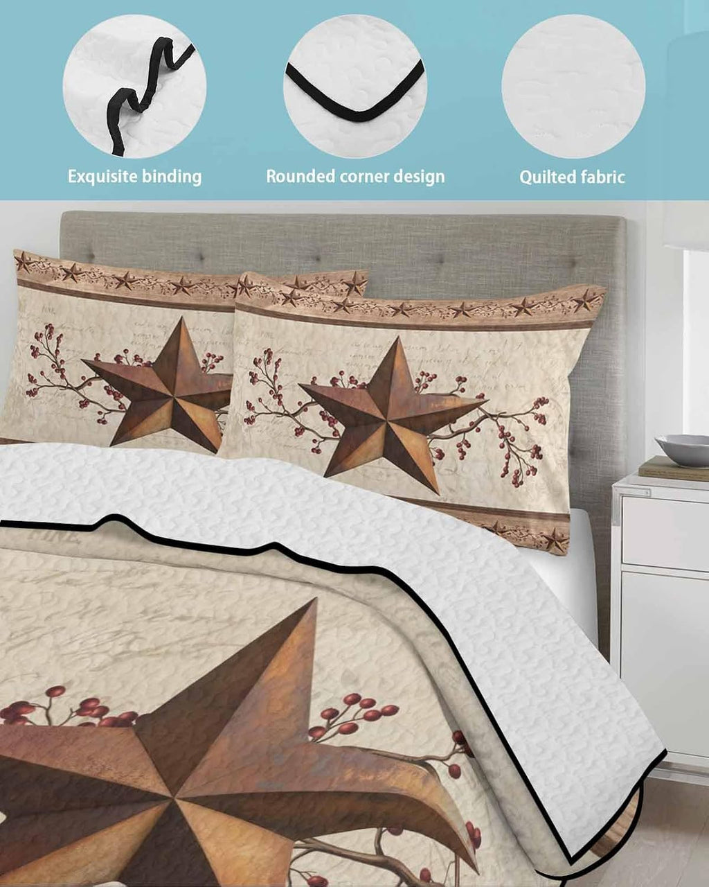 Quilt King Size Bedding Set, Farmhouse Texas Star Brown Lightweight Summer Quilt 3 Pieces Bedding Sets, Berry Vintage Wooden Reversible Soft Bedspreads Coverlets with 2 Pillow Shams for All Season