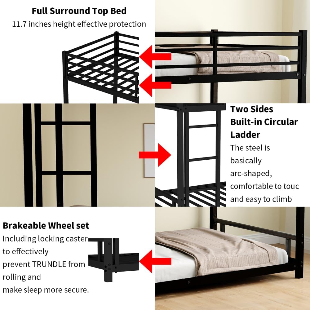 Twin Over Full Metal Bunk Bed, with Ladder & Full-Length Guardrail for Teens Adults, Noise Free (Black + Metal + Metal)