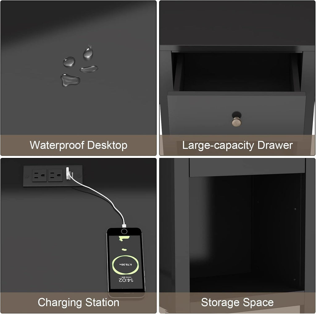 ChooChoo Black Nightstand Set of 2,Night Stand with Charging Station, Wooden Top Bedside End Table with Drawer and Storage Space for Bedroom