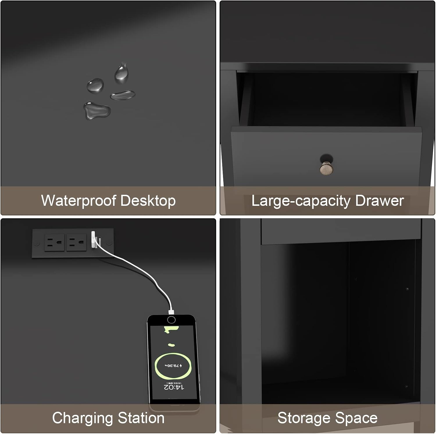 ChooChoo Black Nightstand Set of 2,Night Stand with Charging Station, Wooden Top Bedside End Table with Drawer and Storage Space for Bedroom