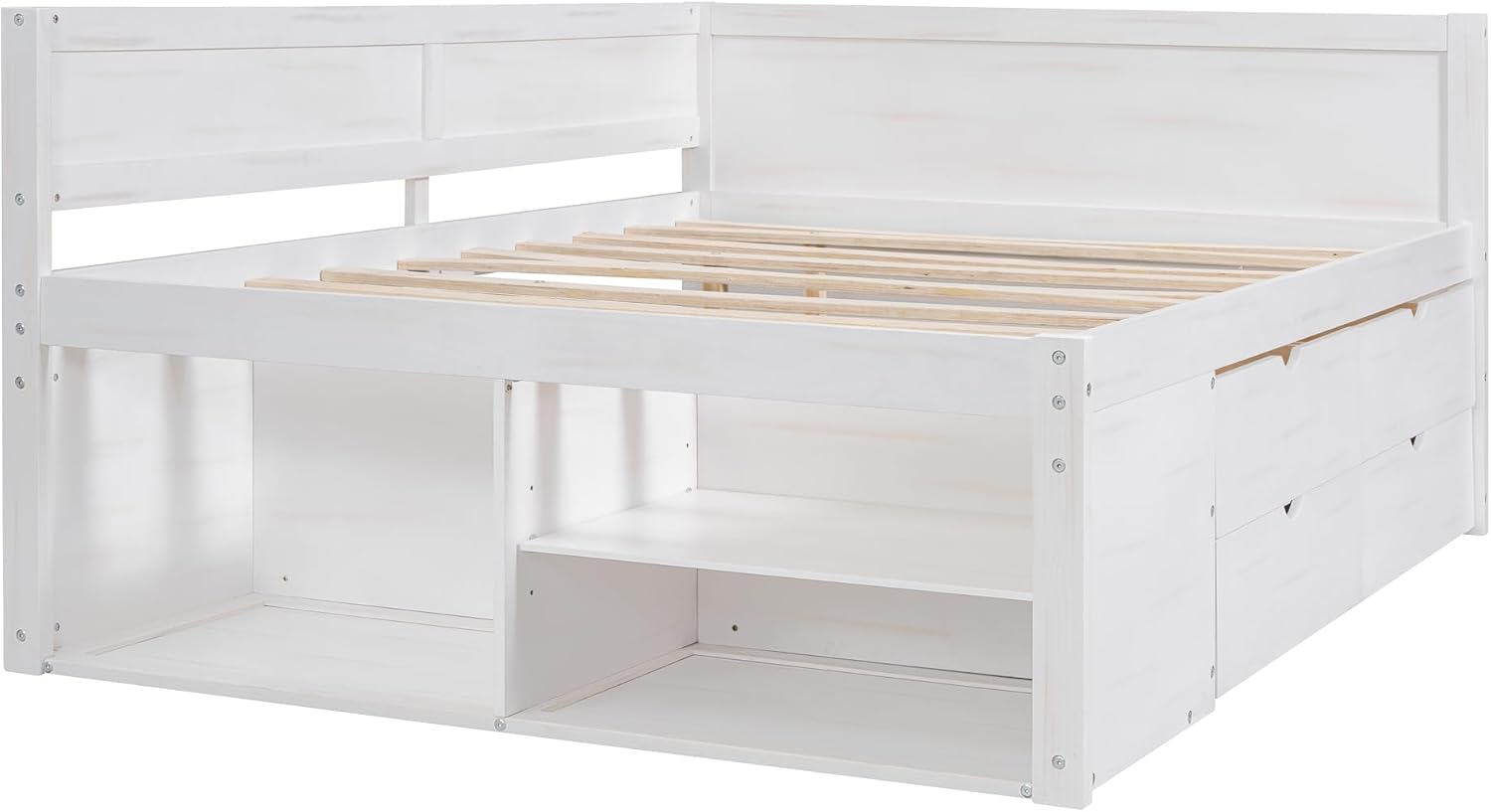 Full Size Daybed with 4 Pull-Out Drawers and 3 Functioning Shelves,Solid Wood Day Bed Frame with Wooden Slats Support for Bedroom,No Box Spring Required (White-AB41)
