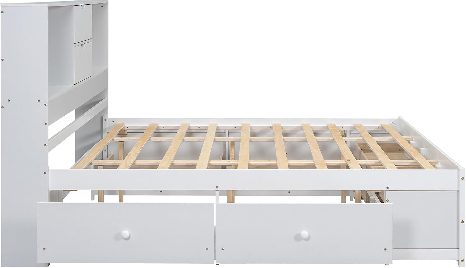 King Size Wood Platform Bed with 8 Storage Drawers and Bookcase Headboard for Bedroom (White, King)