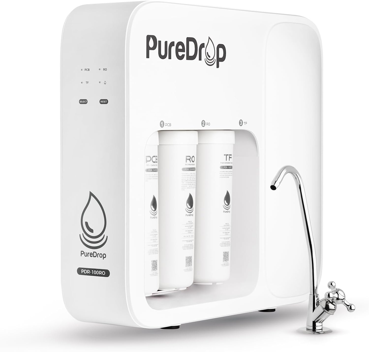 PureDrop PDR-100RO 3-Stage Under Sink Reverse Osmosis Drinking Water Filtration System, 100 GPD Fast Flow Built-in Tank RO Water Filter System, Reduce PFAS