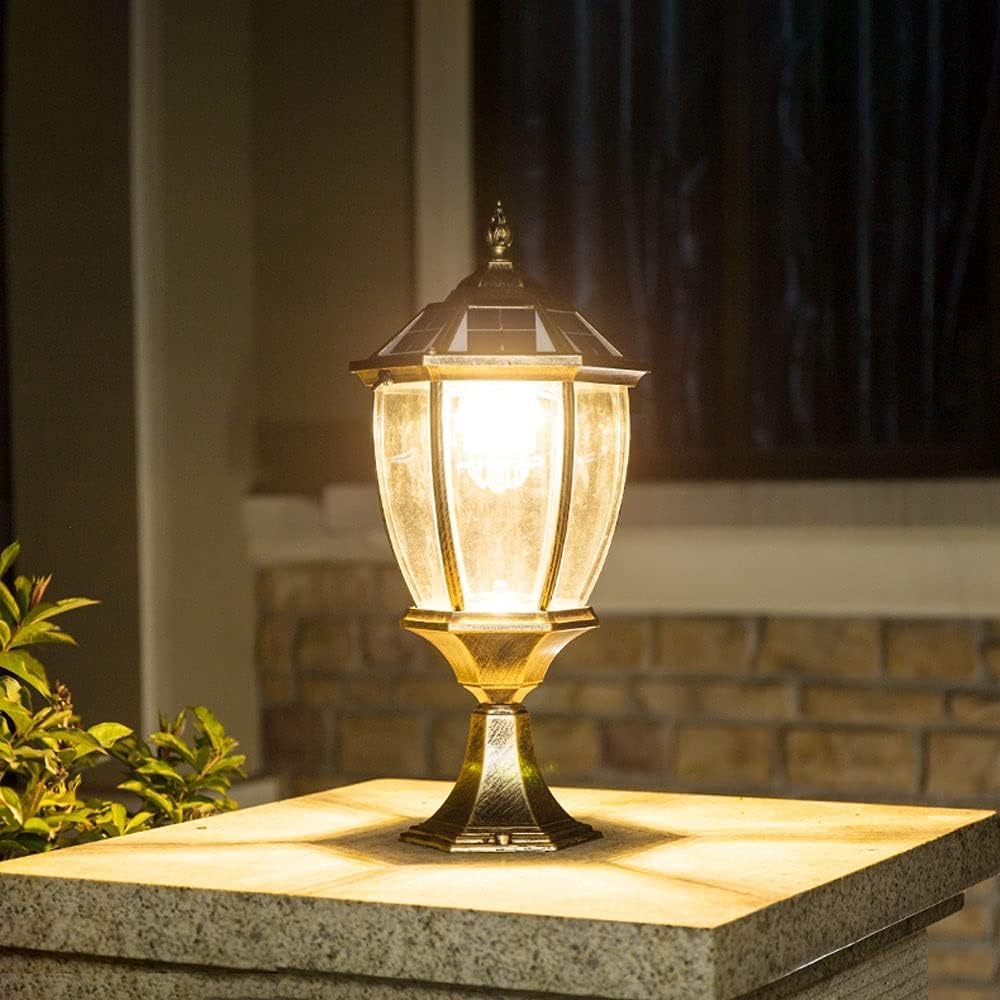 LED Solar Post Pillar Lantern Vintage Outdoor, Classic Glass Shade Aluminum Exterior Column Lamp, IP65 Bollard Lamps Outdoor Pedestal Lights Garden Landscape Lawn Lantern (Color : Brown-3000K)