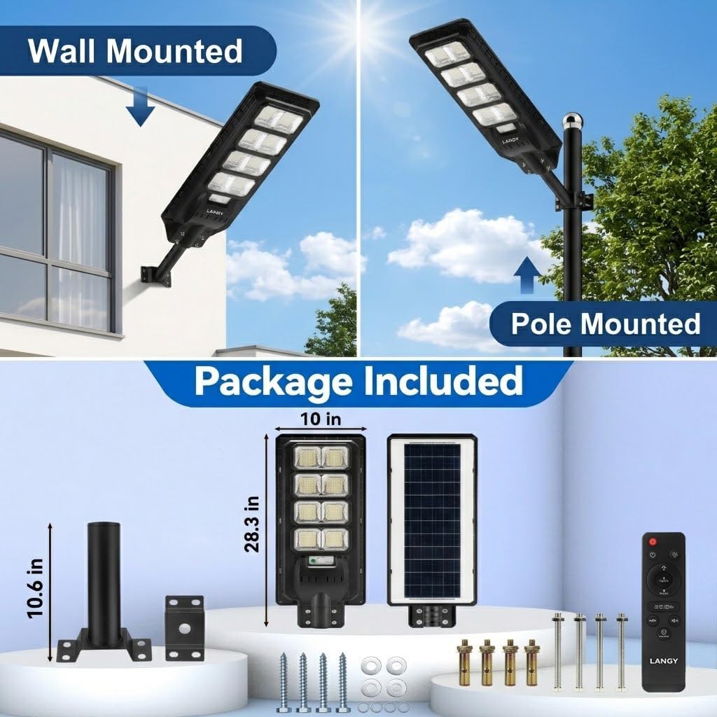 LANGY 2PACK Solar Street Lights Outdoor Lamp 200000 lumens with Remote Control,Dusk to Dawn Motion Sensor,IP66 Waterproof Solar Powered Outdoor Lamp for Parking Lots,Yard,Barn Basketball Court