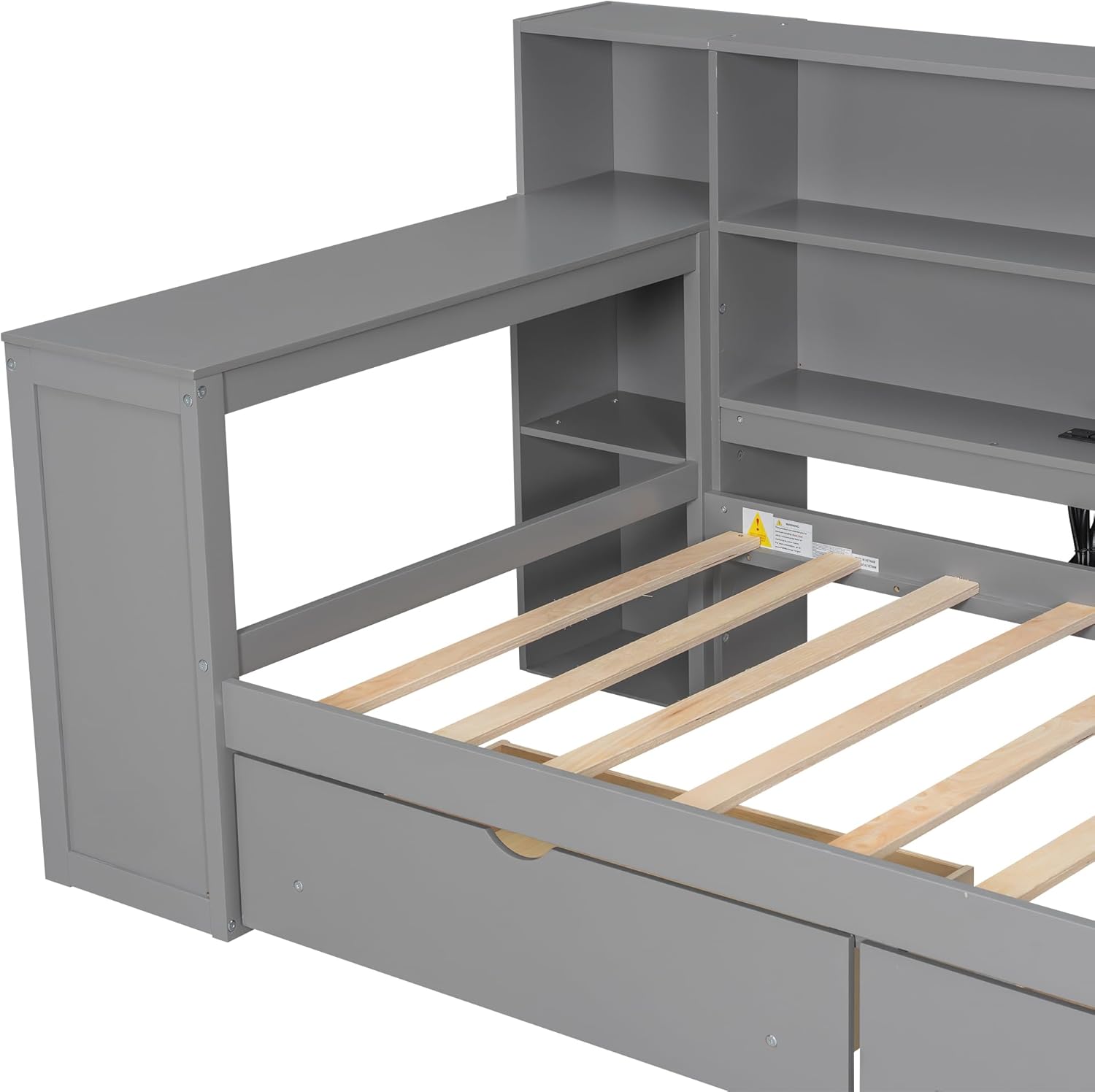 Twin Size Platform Bed with Storage Shelves and Drawers, Solid Wood Daybed with Charging Station, LED, Desk and Upholstered Headboard for Living Room Bedroom (Grey-JU11)