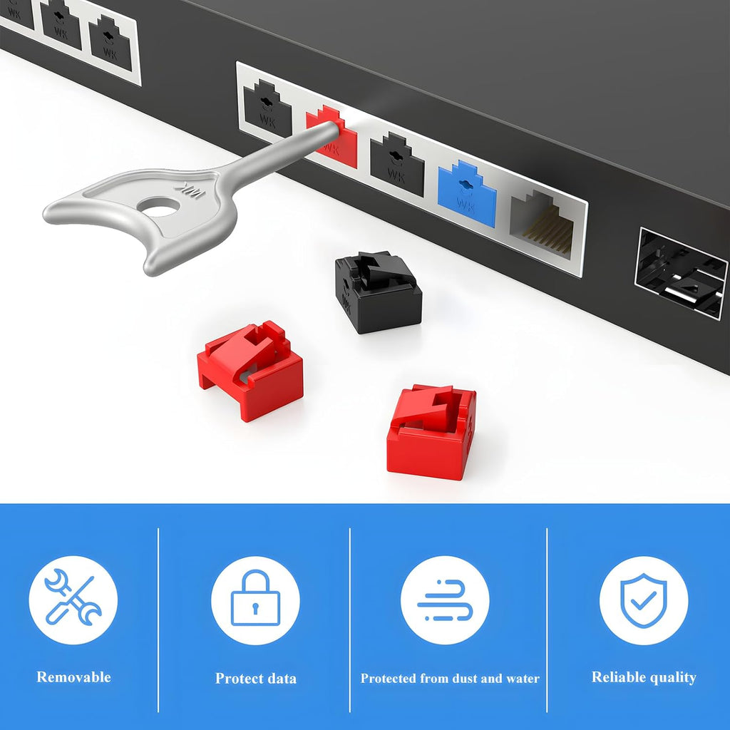 105 Pcs RJ45 Port Lock with 10 Key,Lock RJ45 Port/Dust Protector,RJ45 Dust Cover Female Port Plug Protector,Compatible with Computer, TV, Router, Other Devices RJ45 (15 PCS Per Color)