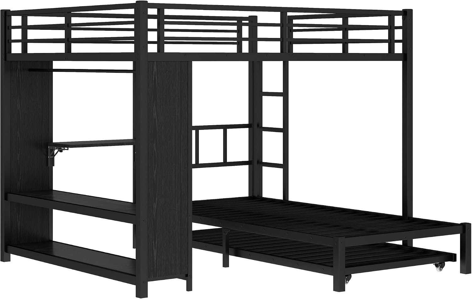 JIVOIT Metal Bunk Bed with Trundle, Queen Over Twin Bunk Bed with Foldable Desk, Built-in Wardrobe, Ladders and Safety Guard, Noise-Reduced Design, Space-Saving, No Box Spring Needed