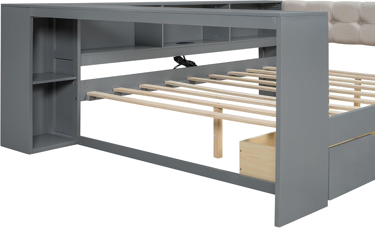 Full Size Platform Bed with Storage Shelves and Study Desk, Wood Daybed Frame with Upholstered Headboard and 2 Drawers for Office/Living Room/Bedroom, Maximize Space