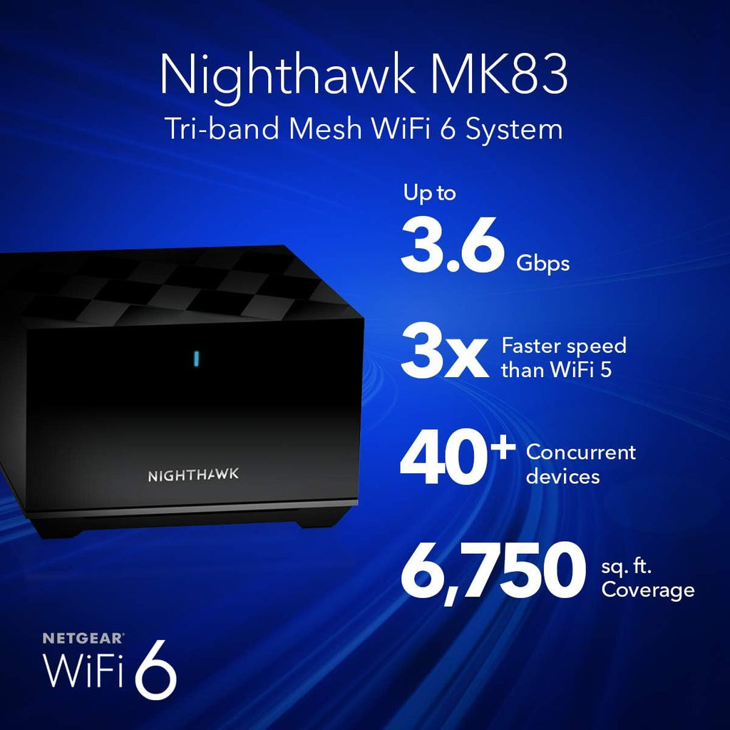 NETGEAR Nighthawk Tri-Band Whole Home Mesh WiFi 6 System (MK83) – AX3600 Router with 2 Satellite Extenders, Coverage up to 6,750 sq. ft. and 40+ Devices