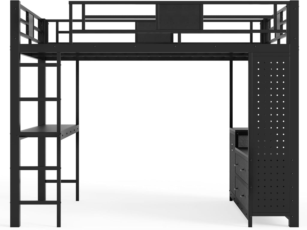 JIVOIT Queen Size Loft Bed with Desk & Shelves, All-in-One Loft Bed with Built-in Workstation & Storage, Space-Saving Metal Loft Bed with Cothesline Pole, Storage Pegboard, Laundry Bag