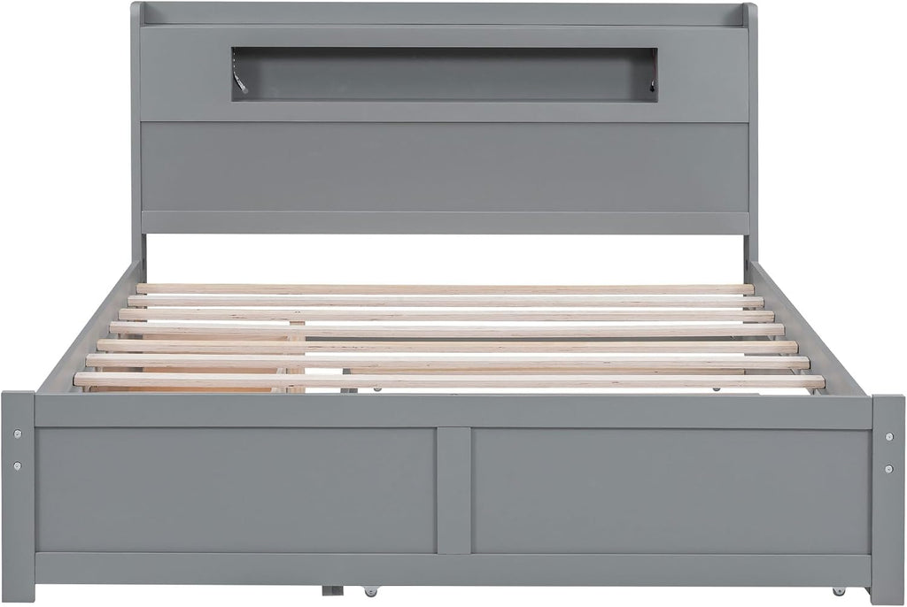 Merax Queen Size Platform Bed Frame with 2 Drawers and Twin Size Trundle, Gray Queen Bed Frame with Headboard, No Box Spring Needed