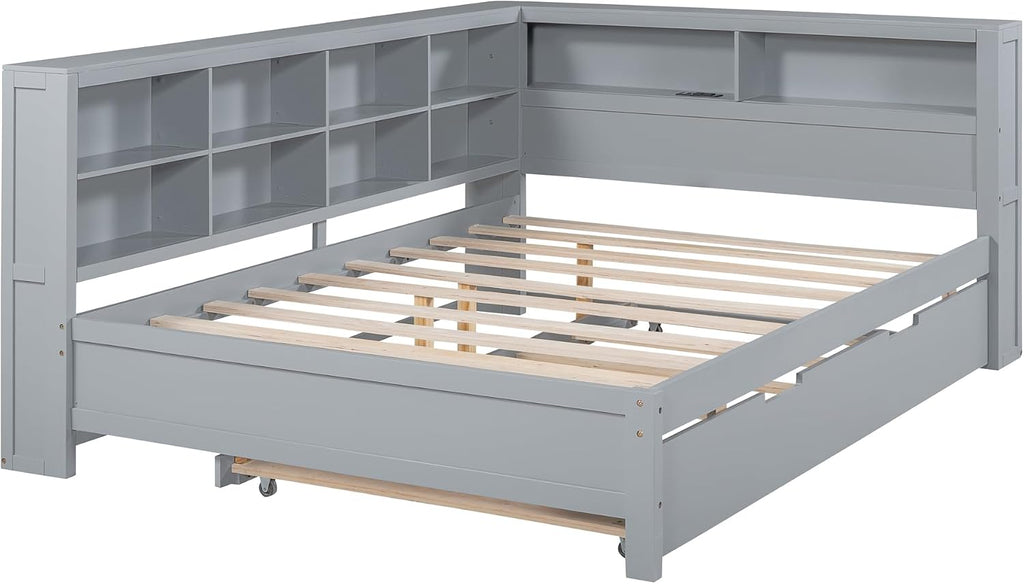 Modern Full Size Daybed with Trundle, Solid Wood Captain Platform Bed with Storage Cabinets and USB Ports, Low Floor Bed for Kids Teens Adult Bedroom, Easy Assembly (Gray-FF025)