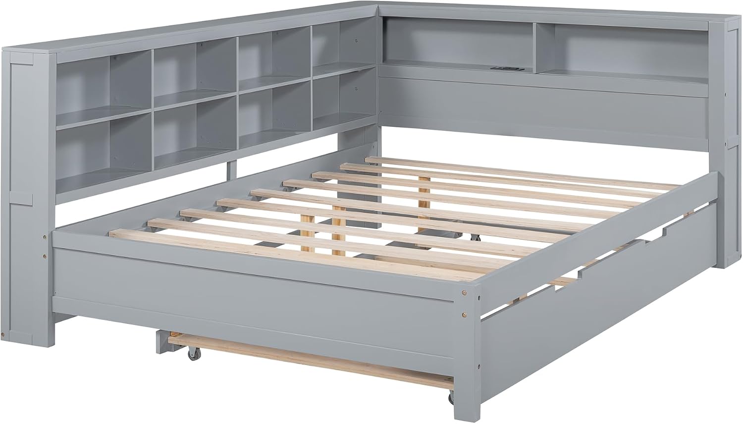Modern Full Size Daybed with Trundle, Solid Wood Captain Platform Bed with Storage Cabinets and USB Ports, Low Floor Bed for Kids Teens Adult Bedroom, Easy Assembly (Gray-FF025)