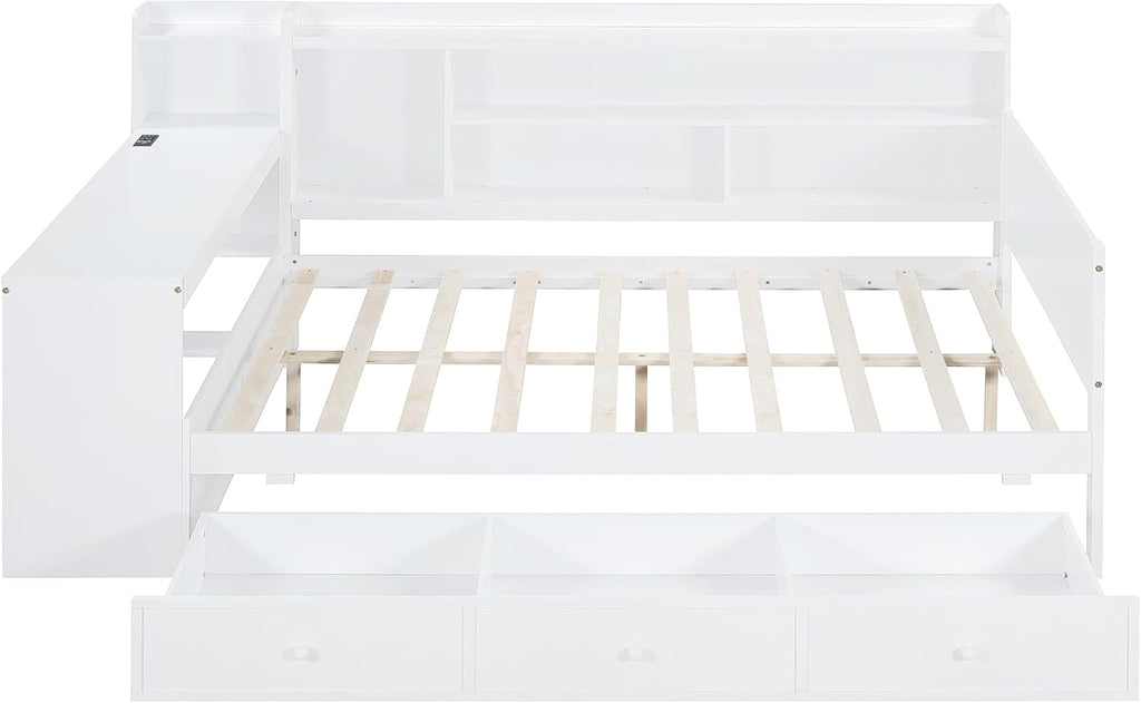 Full Size Daybed with Storage Shelves and Study Desk, Wooden Daybed Sofa Bed Frame with 3 Drawers and USB Ports for Office Living Room Bedroom, Maximize Space (White-22U)