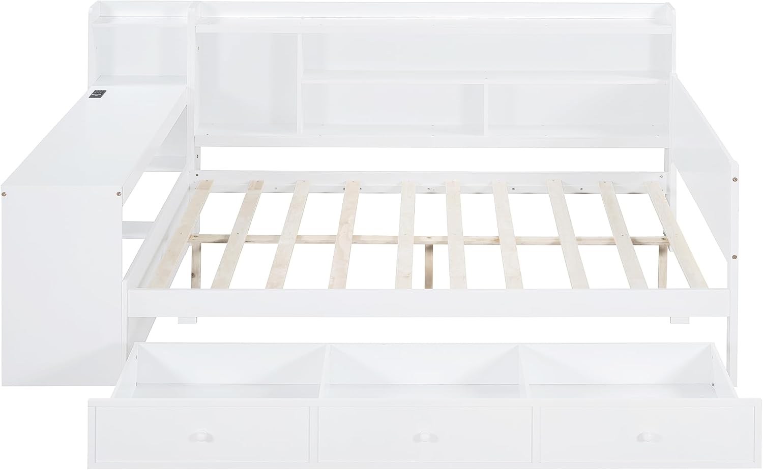 Full Size Daybed with Storage Shelves and Study Desk, Wooden Daybed Sofa Bed Frame with 3 Drawers and USB Ports for Office Living Room Bedroom, Maximize Space (White-22U)