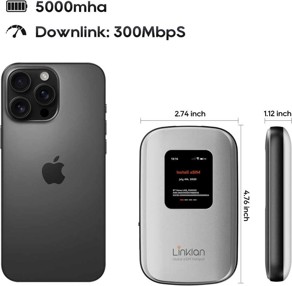 eSIM Global WiFi Hotspot, 16-Device 4G LTE for 180+ Countries, No SIM/Contract, Compact Travel Router, Compact Wireless Router for International Travel & Business【Free 5GB US Data for 15 Days】