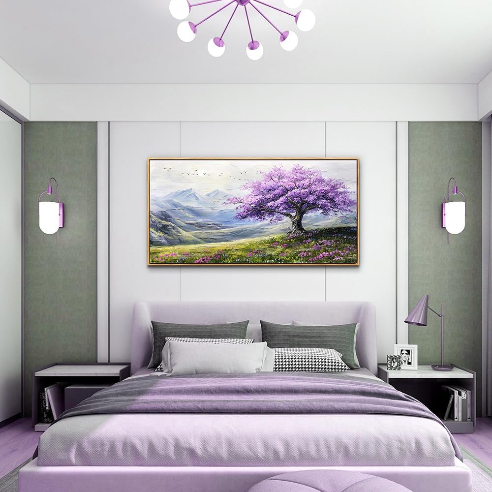 ZUITINGHUA Large Canvas Wall Art For Living Room Wood Framed Wall Decor For Bedroom Office Decorations Abstract Scenery Wall Paintings Purple Tree Pictures Artwork Aesthetic Home Mural 24x48 In
