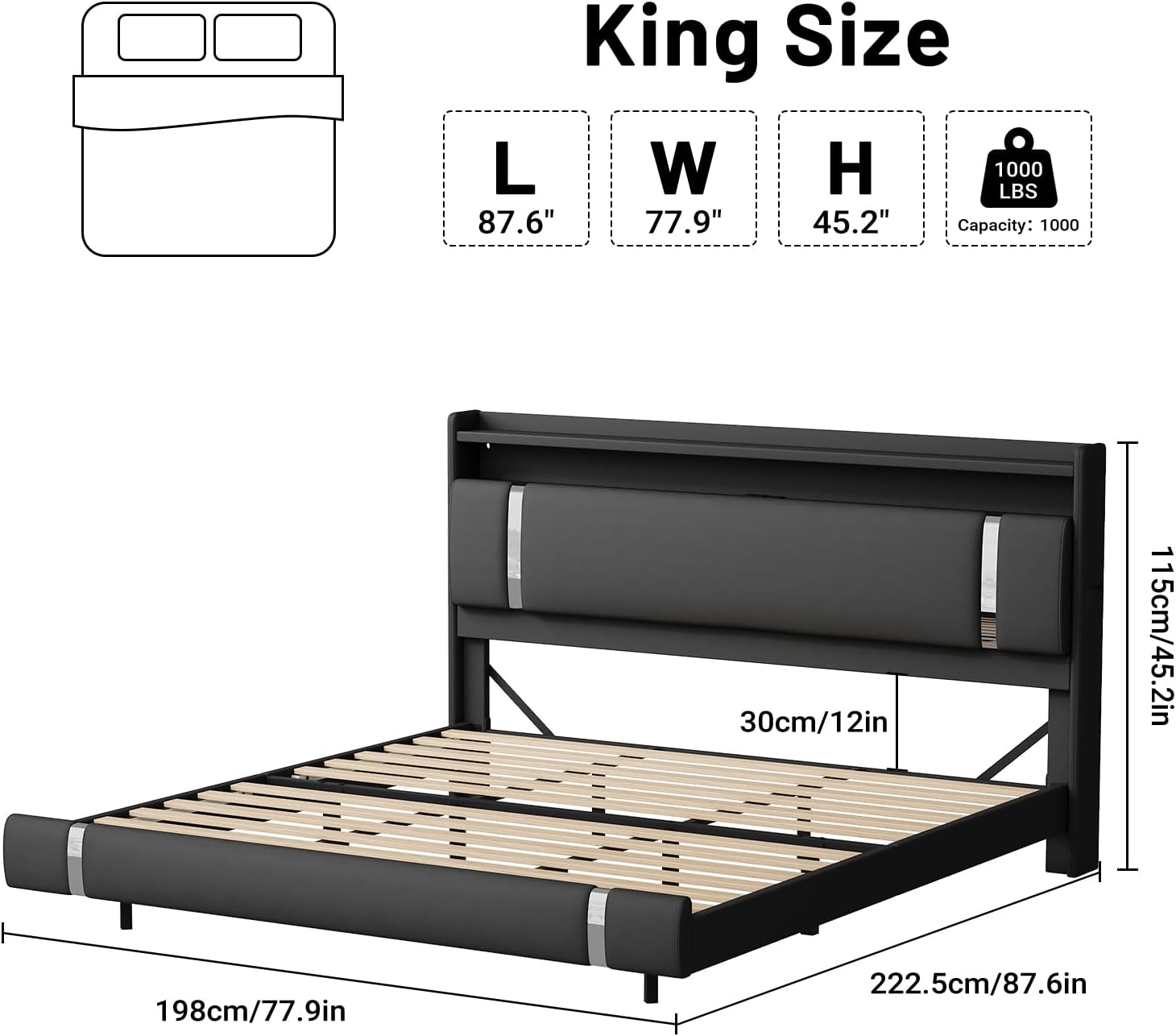 Floating Bed Frame with Storage Headboard, Modern Black King Size Bed Frame with LED Light and Charging Station, Upholstered Platform Bed Frame, No Box Spring Needed, Metal Frame Noise-Free