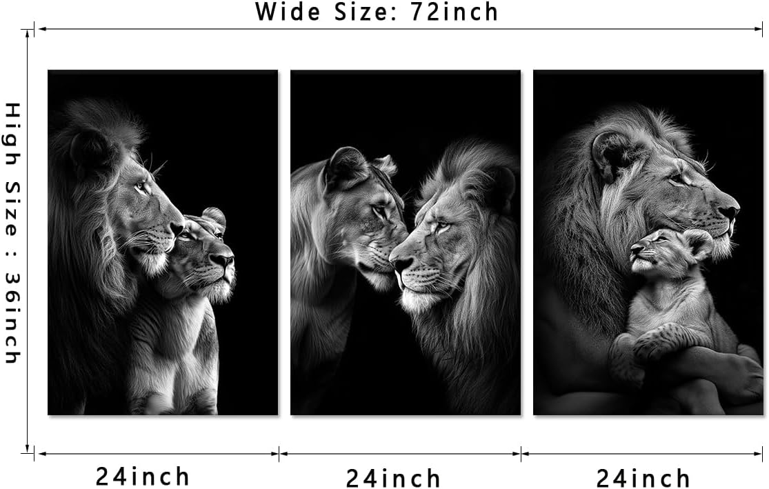 Black and White Lion Wall Art for Living Room Decor 3 Panels Wild Animals Pictures Wall Decor Modern Lion and Lioness Posters Prints Artwork, Framed 24' W x 36' H x 3pcs