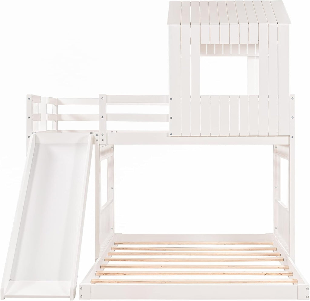 Twin Over Full Bunk Beds with Slide for Kids Toddlers, Play Farm House Roof Window Guardrail Ladder, for Girls Boys, No Spring Box Required (White-Slide-Twin-Full)