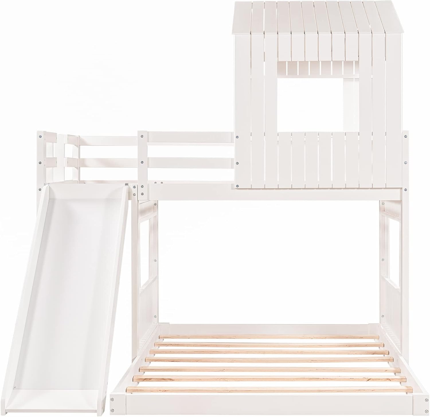 Twin Over Full Bunk Beds with Slide for Kids Toddlers, Play Farm House Roof Window Guardrail Ladder, for Girls Boys, No Spring Box Required (White-Slide-Twin-Full)