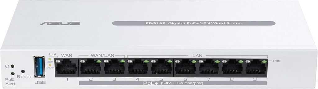 ASUS ExpertWiFi EBG19P Gigabit PoE+ VPN Wired Router, 8 PoE+ Ports, 123W, Up to 3 WAN ethernet Ports+ 1 USB WAN, Perfect for APs, Commercial-Grade Network Security, Easy Management ExpertWiFi app