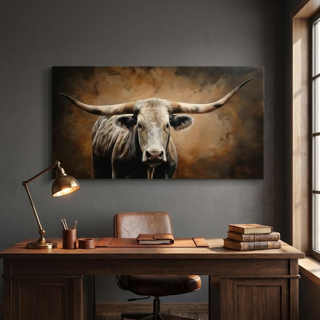 ZESTRILIA Brown Rustic Longhorn Bull Wall Art Modern Canvas Painting Prints Artwork Office Hallway Bedroom Living Room Decor (58x28 Inches)