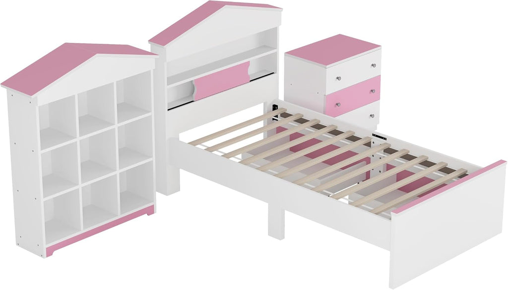 3 Pcs Bedroom Sets, Twin Size House Shaped Wooden Bed with Storage Drawers, Nightstand with Colorblock Design and House Shaped Stroage Rack, Pink+White