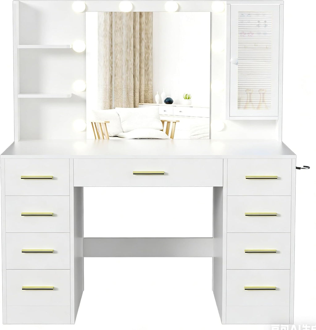 ERLEJIA Vanity Desk with Mirror and Lights, 43' Large Makeup Dressing Table with 9 Drawers & 3 Shelves, RGB LED Lighting & Power Outlet, White and Gold