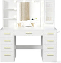 ERLEJIA Vanity Desk with Mirror and Lights, 43' Large Makeup Dressing Table with 9 Drawers & 3 Shelves, RGB LED Lighting & Power Outlet, White and Gold