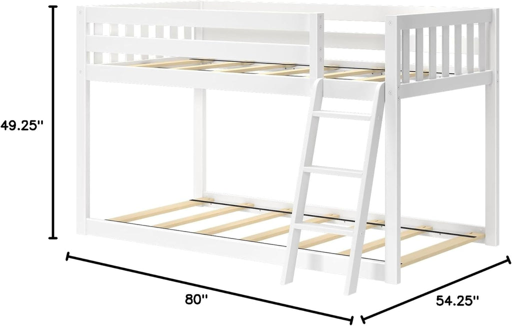 Max & Lily Fundamental Twin Low Bunk Bed, Kids Solid Wood Modern Bed Frame with Strong Wooden Slats, Non-Toxic Finishes, High Weight Capacity, White