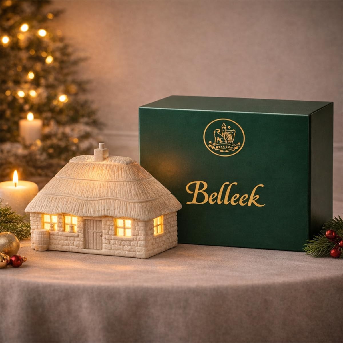 Belleek Classic Thatched Cottage Luminaire, 6.5-Inch H x 10-Inch L x 5.3-Inch W Handcrafted Irish Porcelain Figurine Lamp