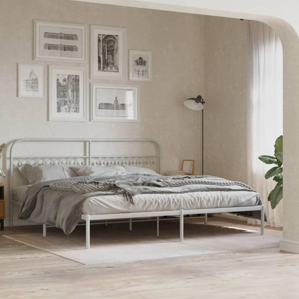 Metal Bed Frame with Headboard White 76'x79.9' King Size Platform Bed Frame Sturdy Steel Construction Underbed Storage Space for Bedroom Furniture