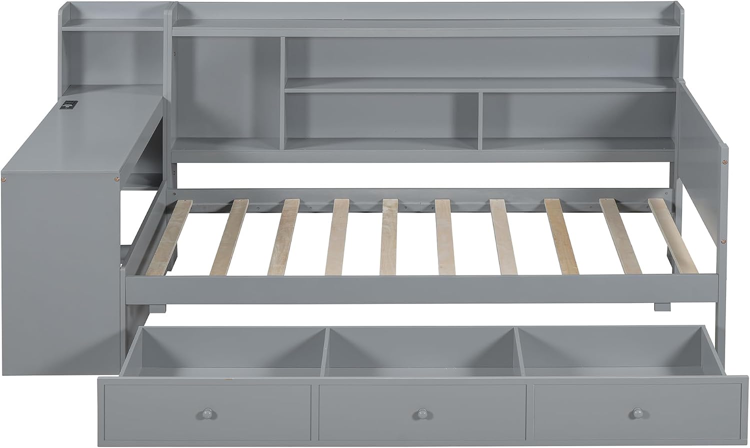Twin Size Daybed with Storage Shelves and Study Desk, Wooden Daybed Sofa Bed Frame with 3 Drawers and USB Ports for Office Living Room Bedroom, Maximize Space (Gray-23U)