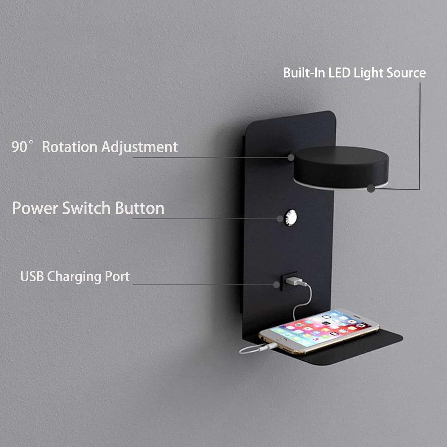 USB Charging Wall Sconces, Dimmable Wall Lamp Fixture with Phone Holder Shelf, 350° Rotation Wall Light with Button On/Off Switch, 12W Rotatable Wall Mount Lighting(Black,Large)