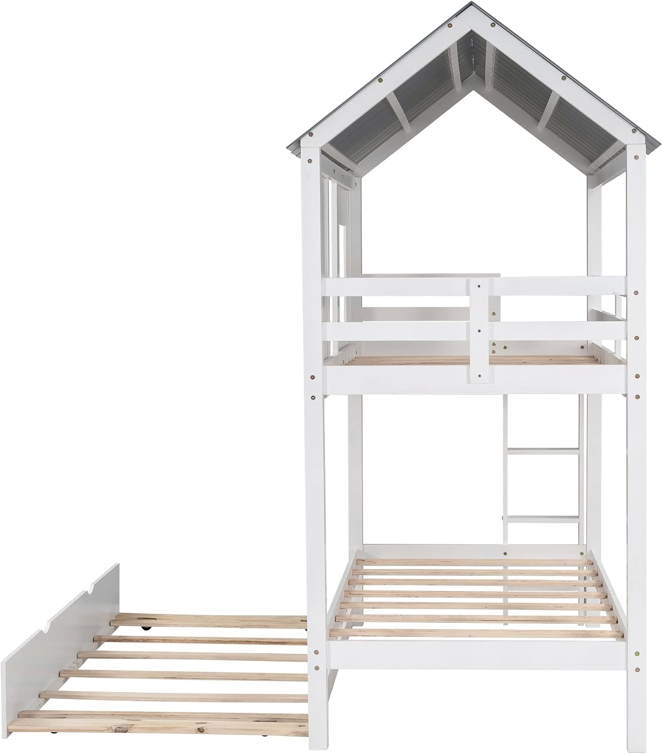Twin Over Twin Bunk Bed for Kids Toddlers, House Bunk Bed Farm with Trundle/Roof/Windows/Guardrail for Girls/Boys, No Spring Box Required